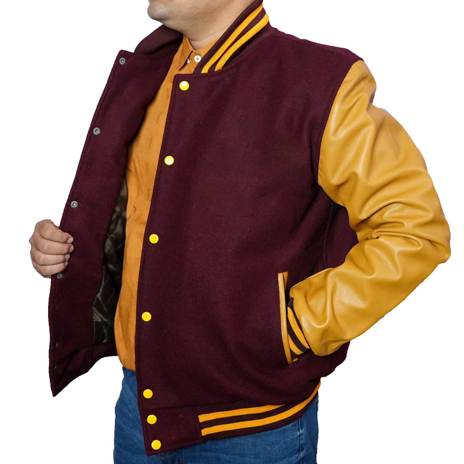 Bringo_Mans_Moto_Biker_Racer_Bomber_Rib_Knitted_Collar_Varsity_Letterman_Jacket_Maroon_Wool_Yellow_Lambskin_Leather_Snap_Button_5