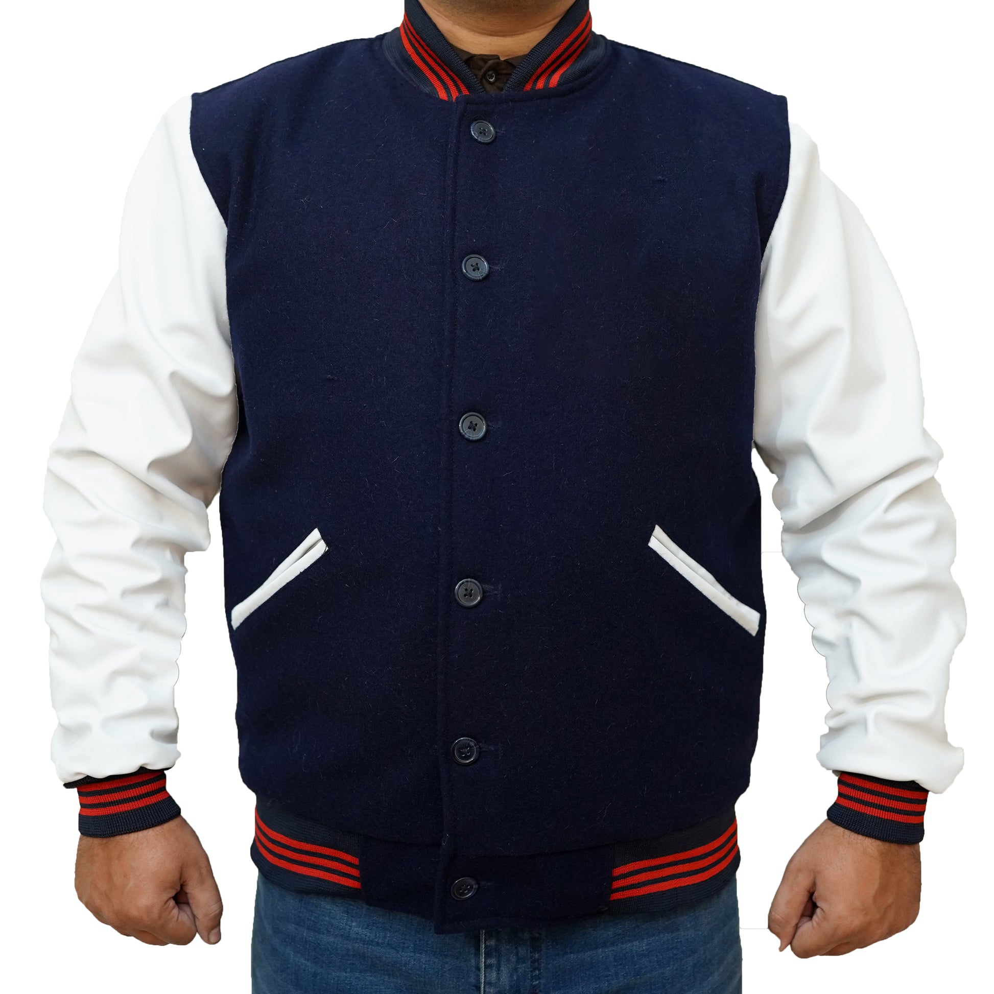 Bringo_Mans_Moto_Biker_Racer_Bomber_Rib_Knitted_Collar_Varsity_Letterman_Jacket_Navy_Blue_Wool_White_Lambskin_Leather_Snap_Button