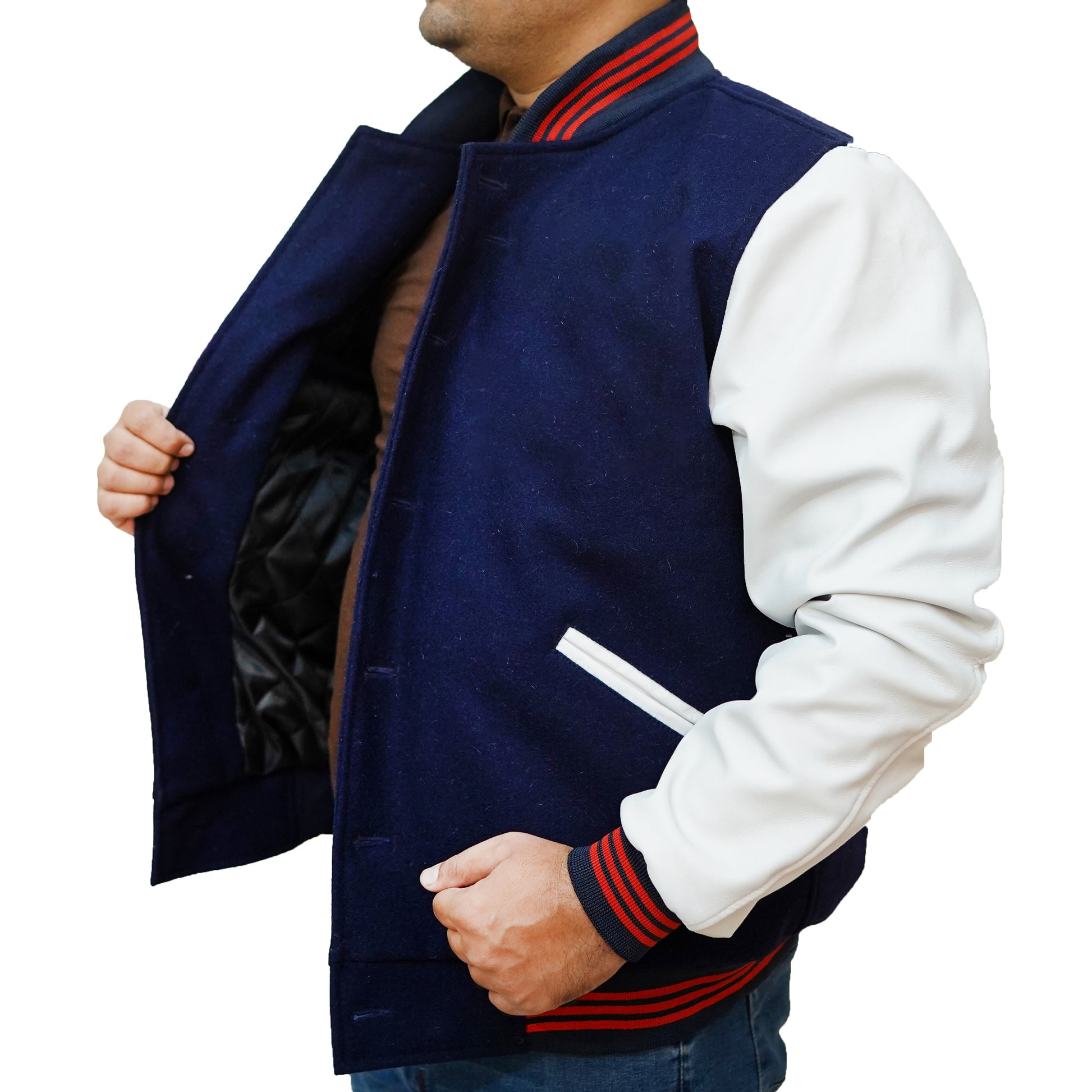 Bringo_Mans_Moto_Biker_Racer_Bomber_Rib_Knitted_Collar_Varsity_Letterman_Jacket_Navy_Blue_Wool_White_Lambskin_Leather_Snap_Button