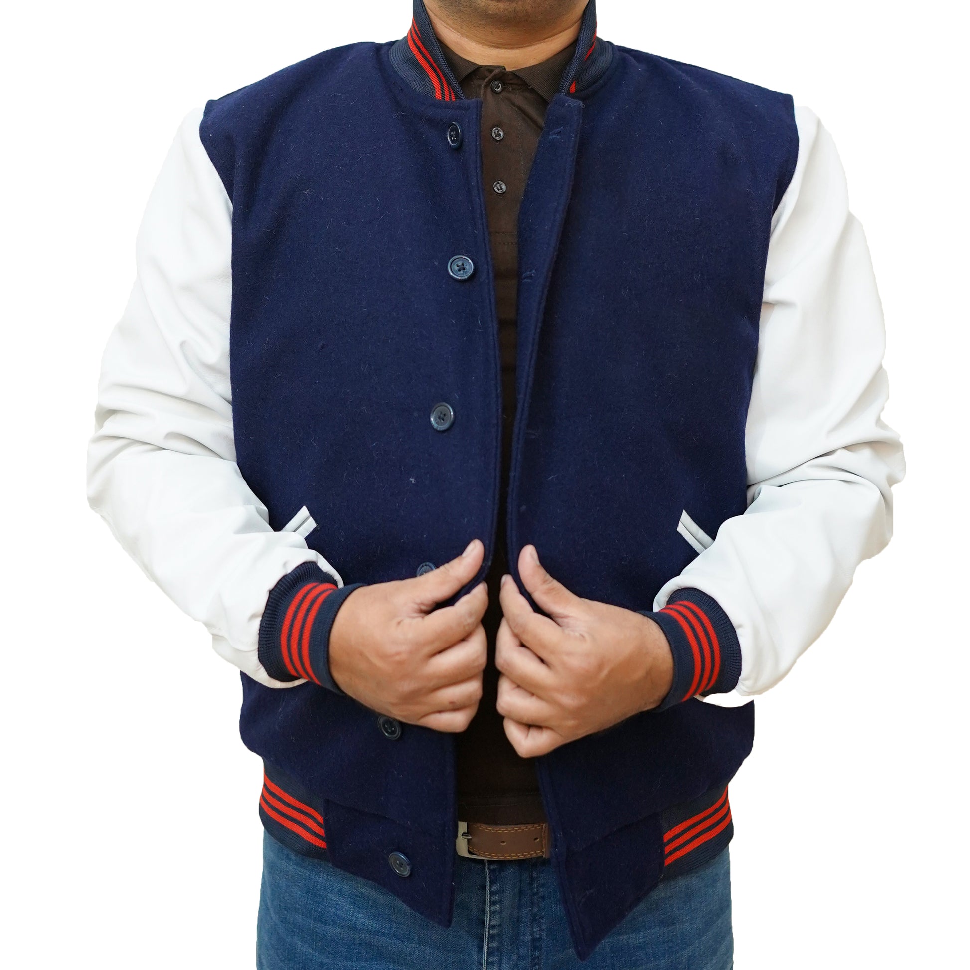 Bringo_Mans_Moto_Biker_Racer_Bomber_Rib_Knitted_Collar_Varsity_Letterman_Jacket_Navy_Blue_Wool_White_Lambskin_Leather_Snap_Button