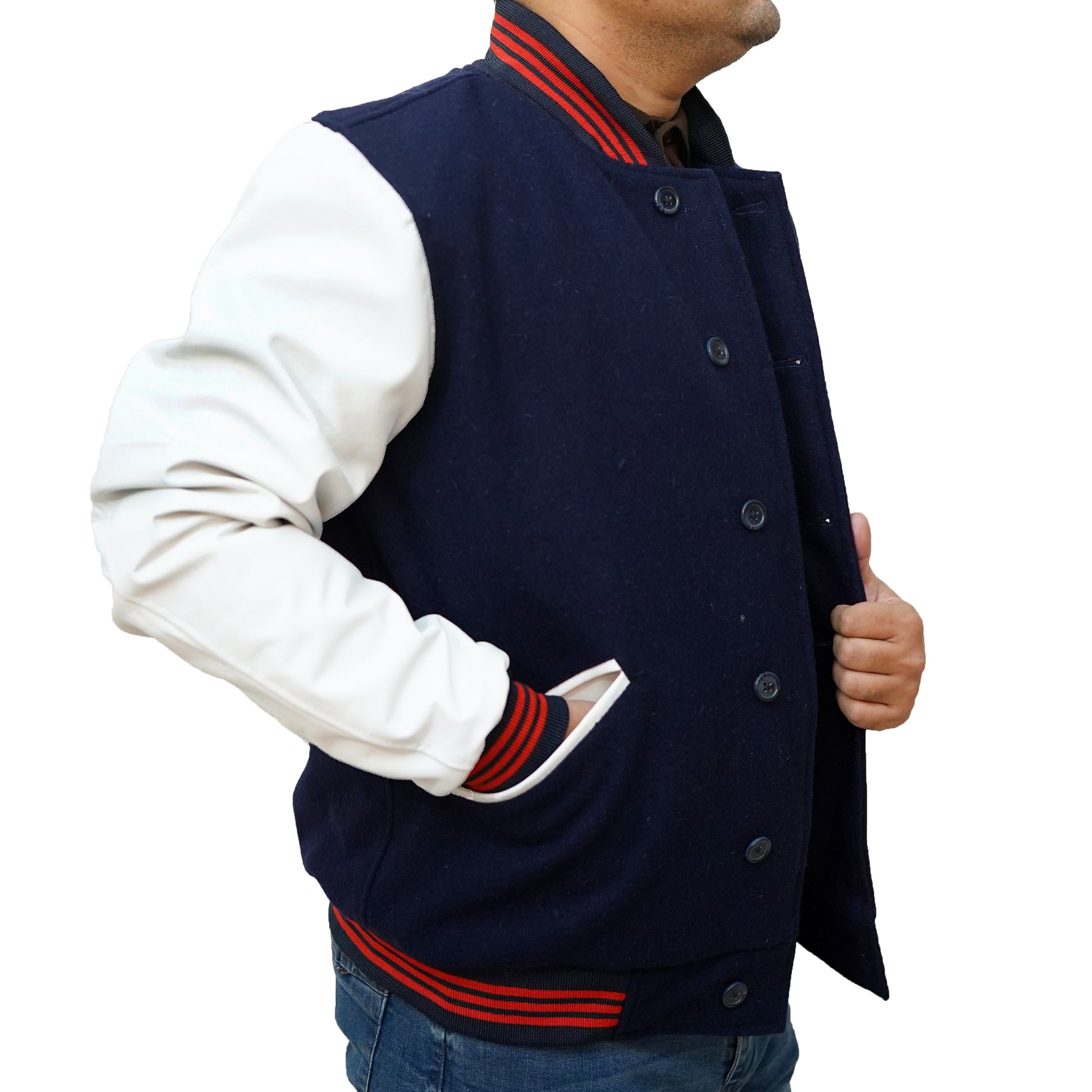 Bringo_Mans_Moto_Biker_Racer_Bomber_Rib_Knitted_Collar_Varsity_Letterman_Jacket_Navy_Blue_Wool_White_Lambskin_Leather_Snap_Button
