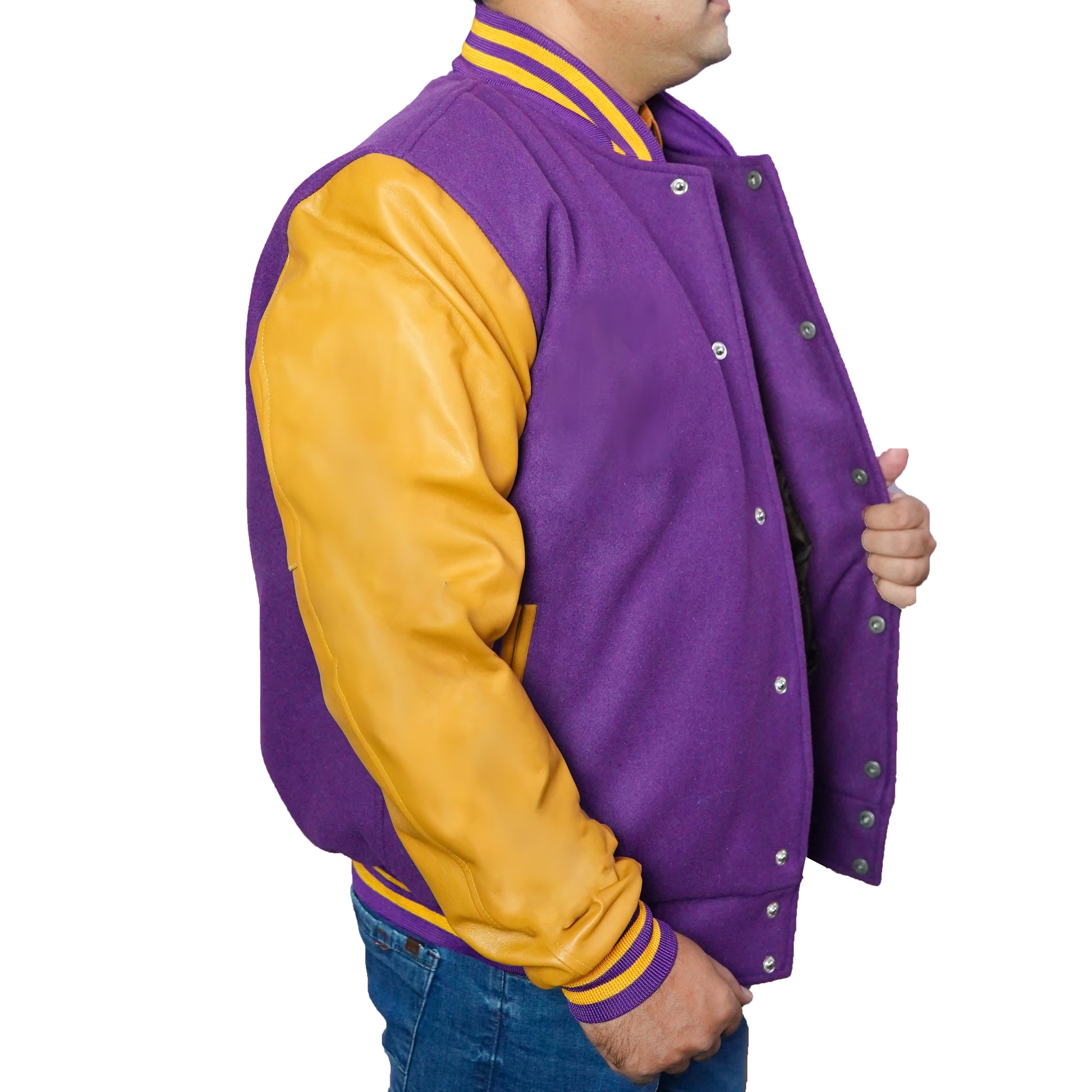 Bringo_Mans_Moto_Biker_Racer_Bomber_Rib_Knitted_Collar_Varsity_Letterman_Jacket_Purple_Wool_Yellow_Lambskin_Leather_Snap_Button