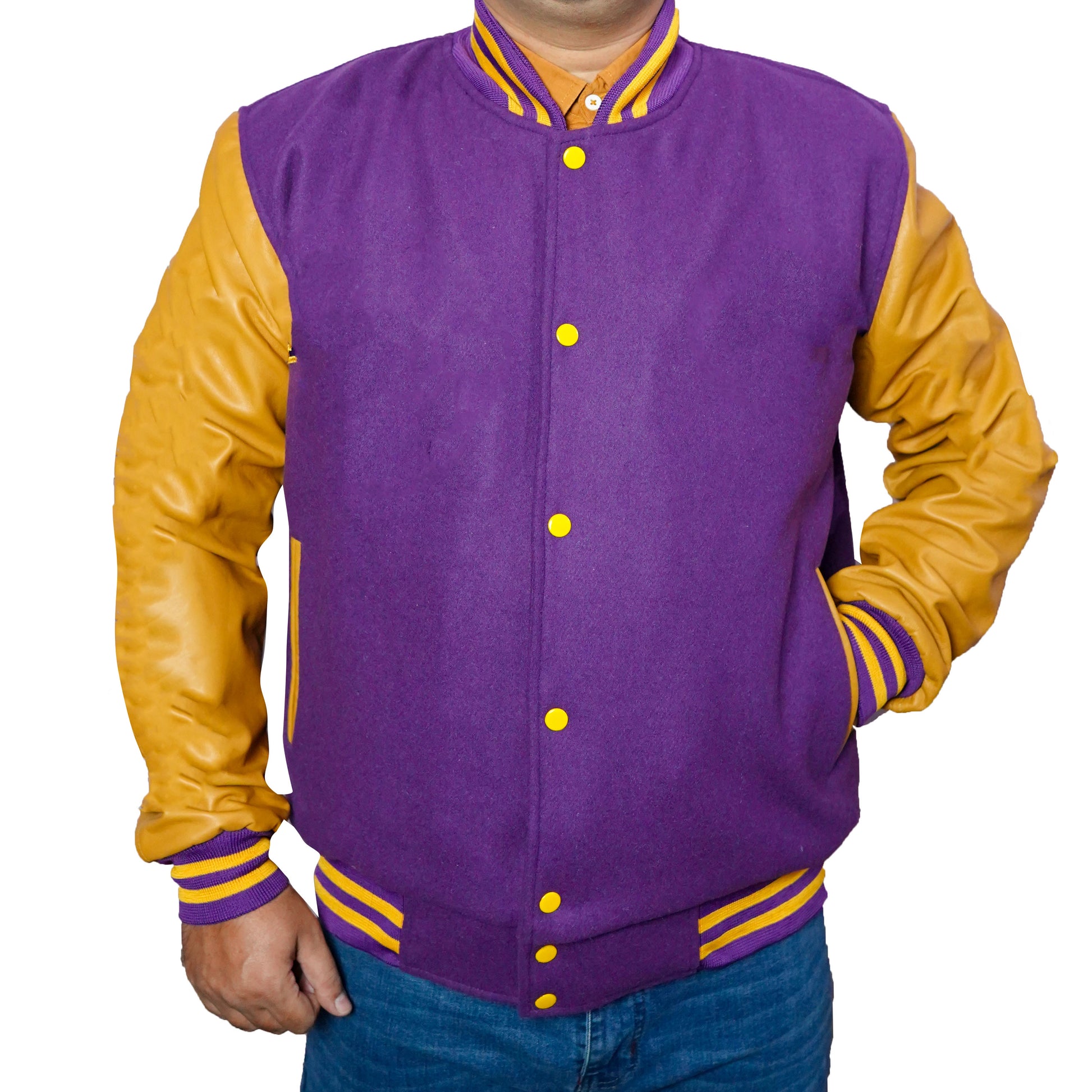 Bringo_Mans_Moto_Biker_Racer_Bomber_Rib_Knitted_Collar_Varsity_Letterman_Jacket_Purple_Wool_Yellow_Lambskin_Leather_Snap_Button