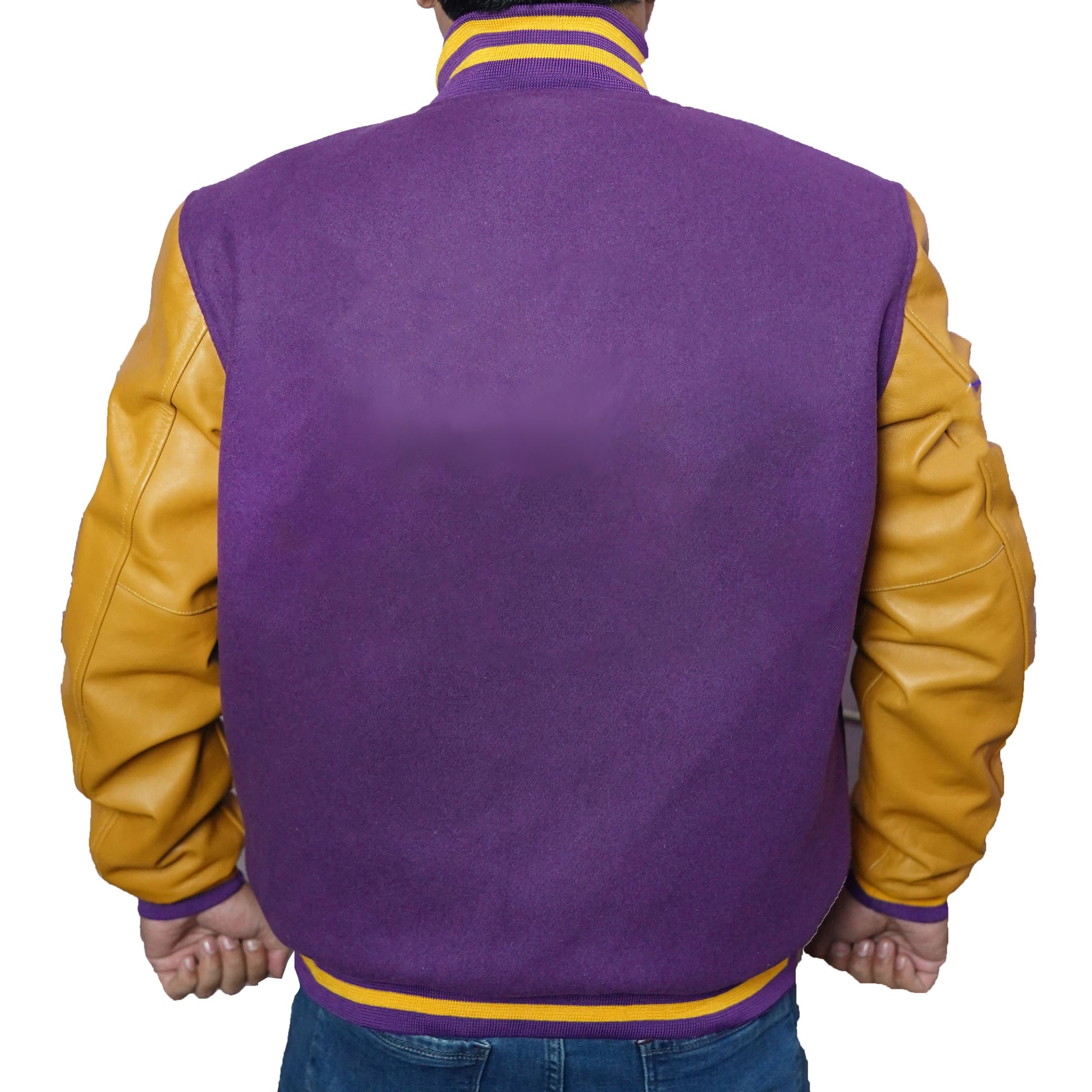 Bringo_Mans_Moto_Biker_Racer_Bomber_Rib_Knitted_Collar_Varsity_Letterman_Jacket_Purple_Wool_Yellow_Lambskin_Leather_Snap_Button