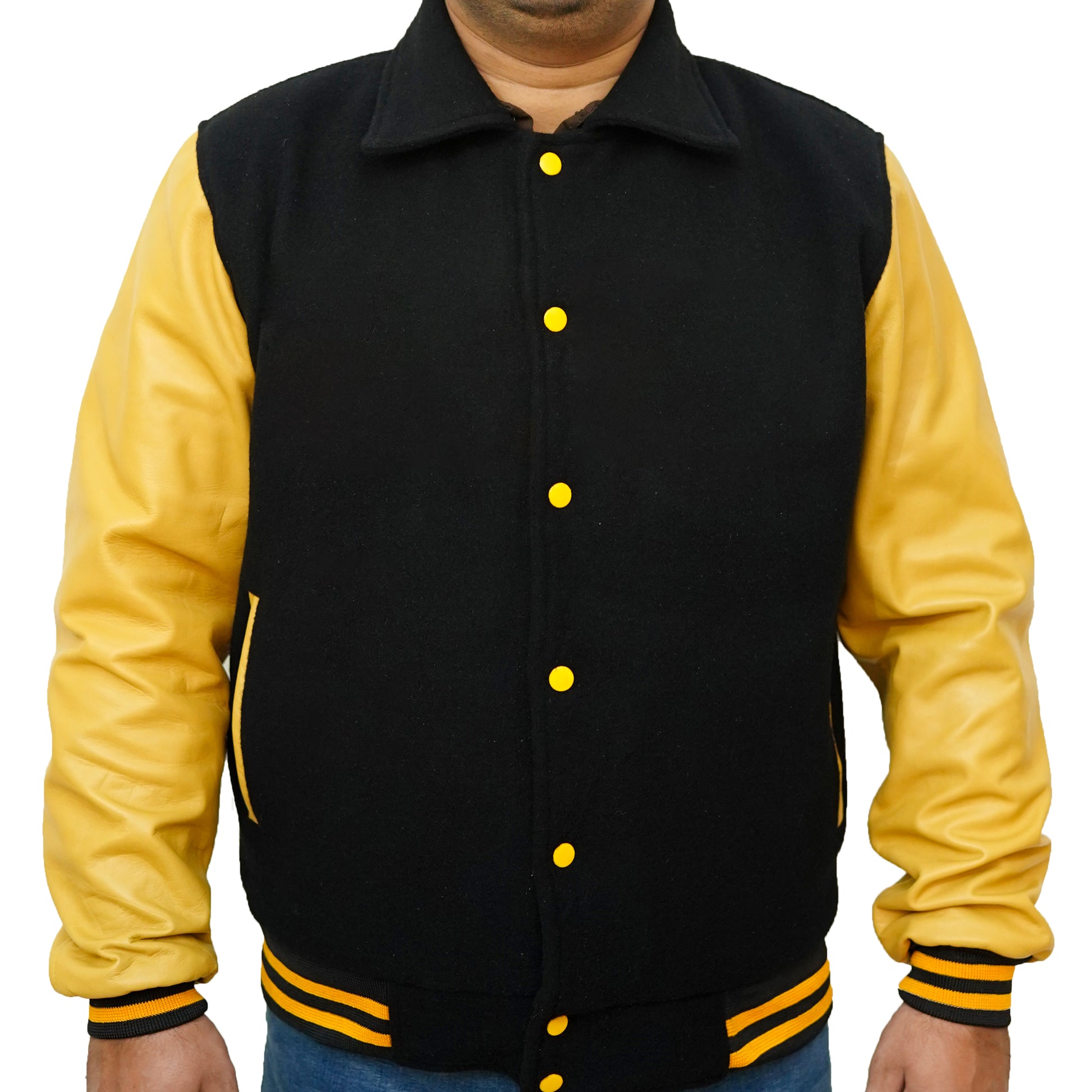 Bringo_Mans_Moto_Biker_Racer_Bomber_Shirt_Collar_Varsity_Letterman_Jacket_Black_Wool_Yellow_Lambskin_Leather_Snap_Button_Rib