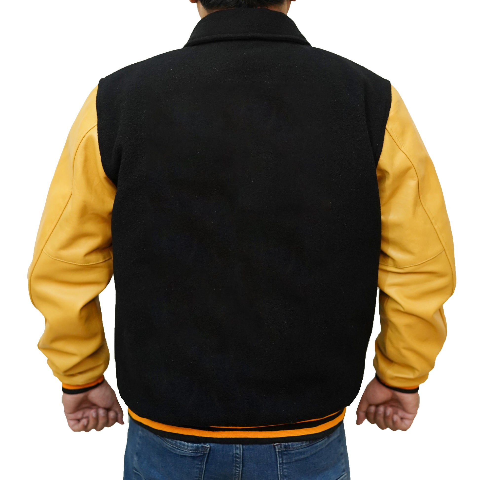 Bringo_Mans_Moto_Biker_Racer_Bomber_Shirt_Collar_Varsity_Letterman_Jacket_Black_Wool_Yellow_Lambskin_Leather_Snap_Button_Rib