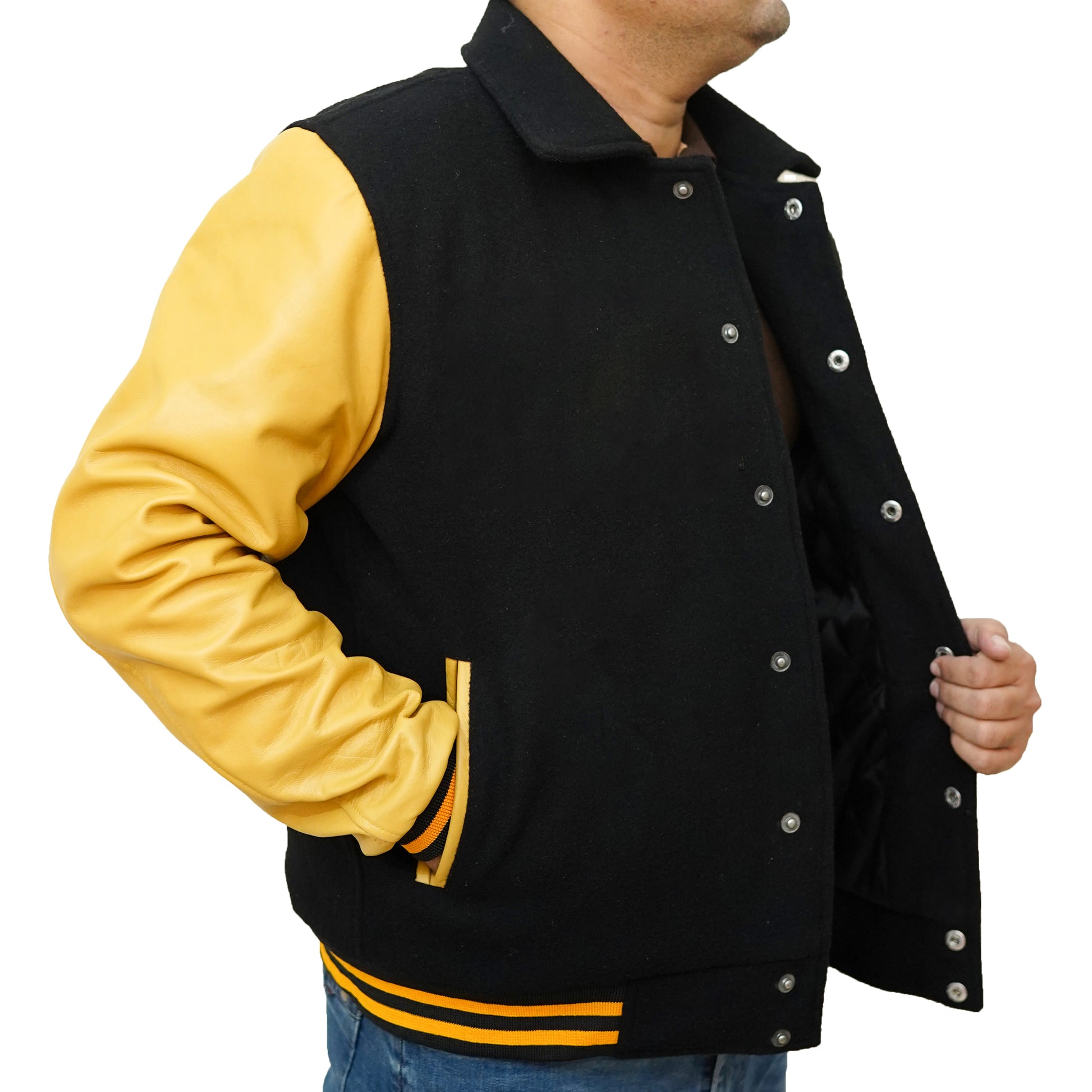 Bringo_Mans_Moto_Biker_Racer_Bomber_Shirt_Collar_Varsity_Letterman_Jacket_Black_Wool_Yellow_Lambskin_Leather_Snap_Button_Rib