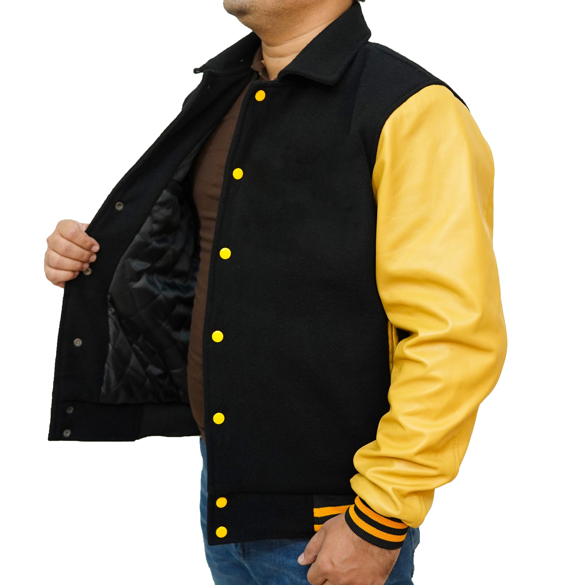 Bringo_Mans_Moto_Biker_Racer_Bomber_Shirt_Collar_Varsity_Letterman_Jacket_Black_Wool_Yellow_Lambskin_Leather_Snap_Button_Rib