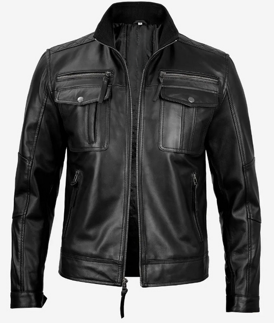 Bringo_Mens_Bomber_Moto_Biker_Racer_Trucker_Lambskin_Black_Leather_Jacket