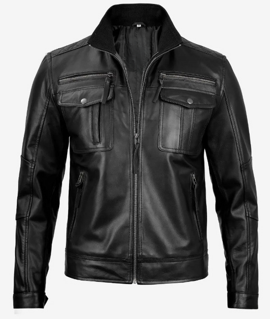 Bringo_Mens_Bomber_Moto_Biker_Racer_Trucker_Lambskin_Black_Leather_Jacket