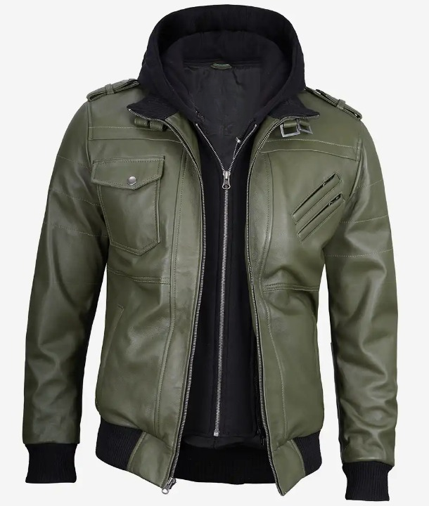 Bringo_Mens_Bomber_Removable_Hood_Leather_Jacket_Olive_Green