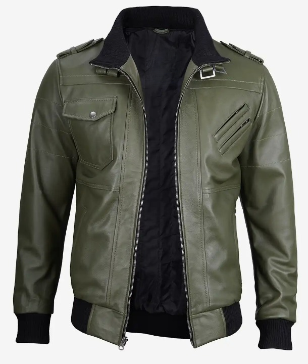 Bringo_Mens_Bomber_Removable_Hood_Leather_Jacket_Olive_Green
