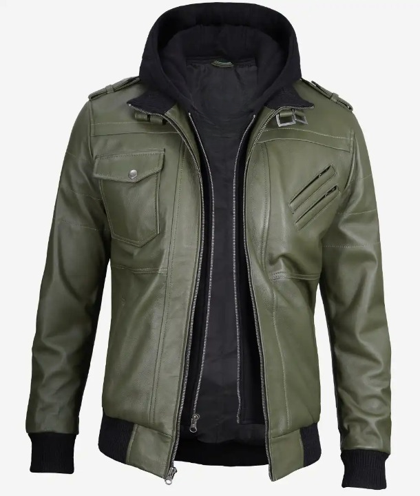 Bringo_Mens_Bomber_Removable_Hood_Leather_Jacket_Olive_Green