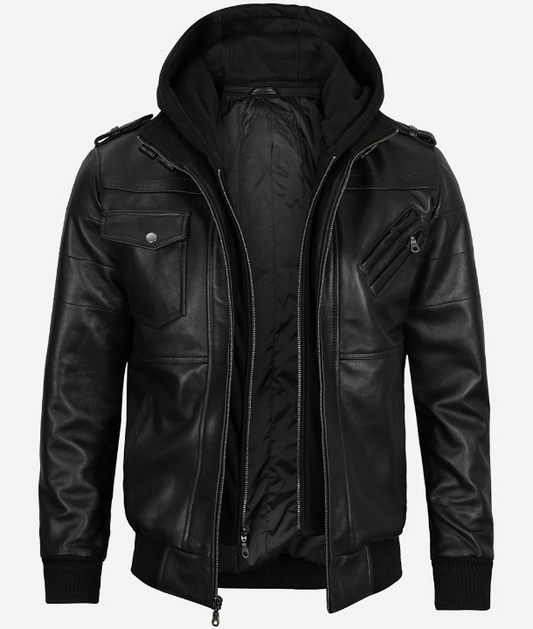 Bringo_Mens_Moto_Biker_Racer_Bomber_Removable_Hood_Black_Lambskin_Leather_Jacket