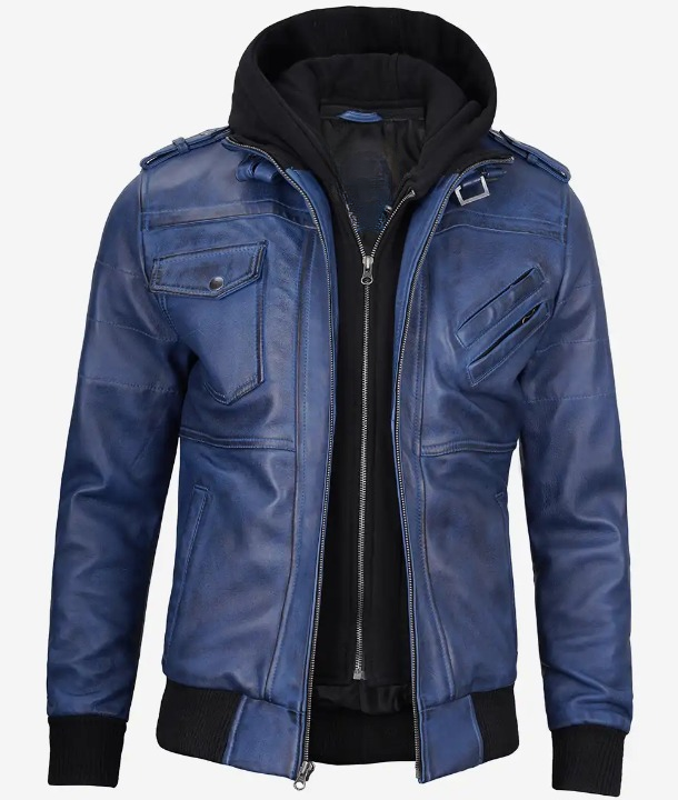 Bringo_Mens_Moto_Biker_Racer_Bomber_Removable_Hood_Blue_Waxed_Lambskin_Leather_Jacket