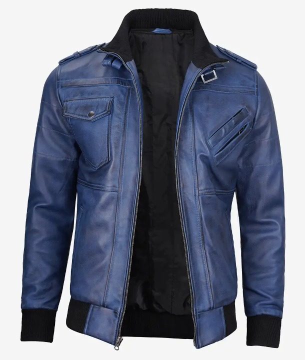 Bringo_Mens_Moto_Biker_Racer_Bomber_Removable_Hood_Blue_Waxed_Lambskin_Leather_Jacket