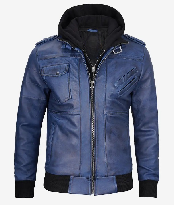 Bringo_Mens_Moto_Biker_Racer_Bomber_Removable_Hood_Blue_Waxed_Lambskin_Leather_Jacket