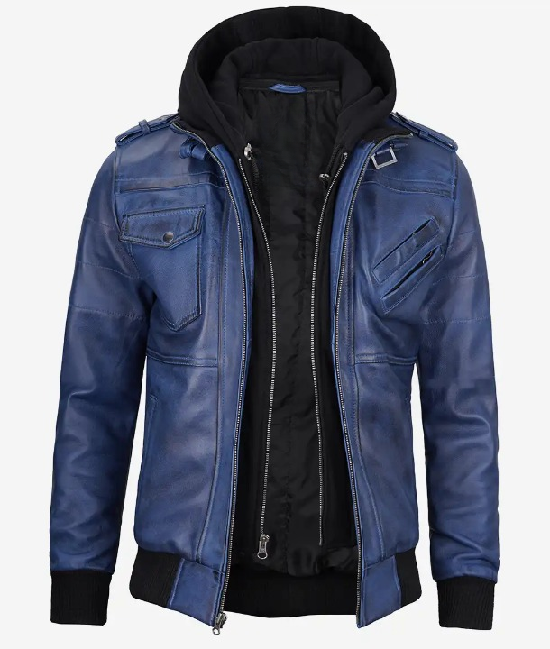 Bringo_Mens_Moto_Biker_Racer_Bomber_Removable_Hood_Blue_Waxed_Lambskin_Leather_Jacket