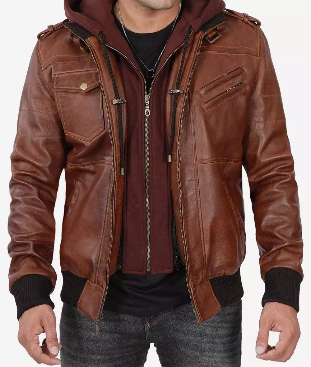 Bringo_Mens_Moto_Biker_Racer_Bomber_Removable_Hood_Brown_Lambskin_Leather_Jacket