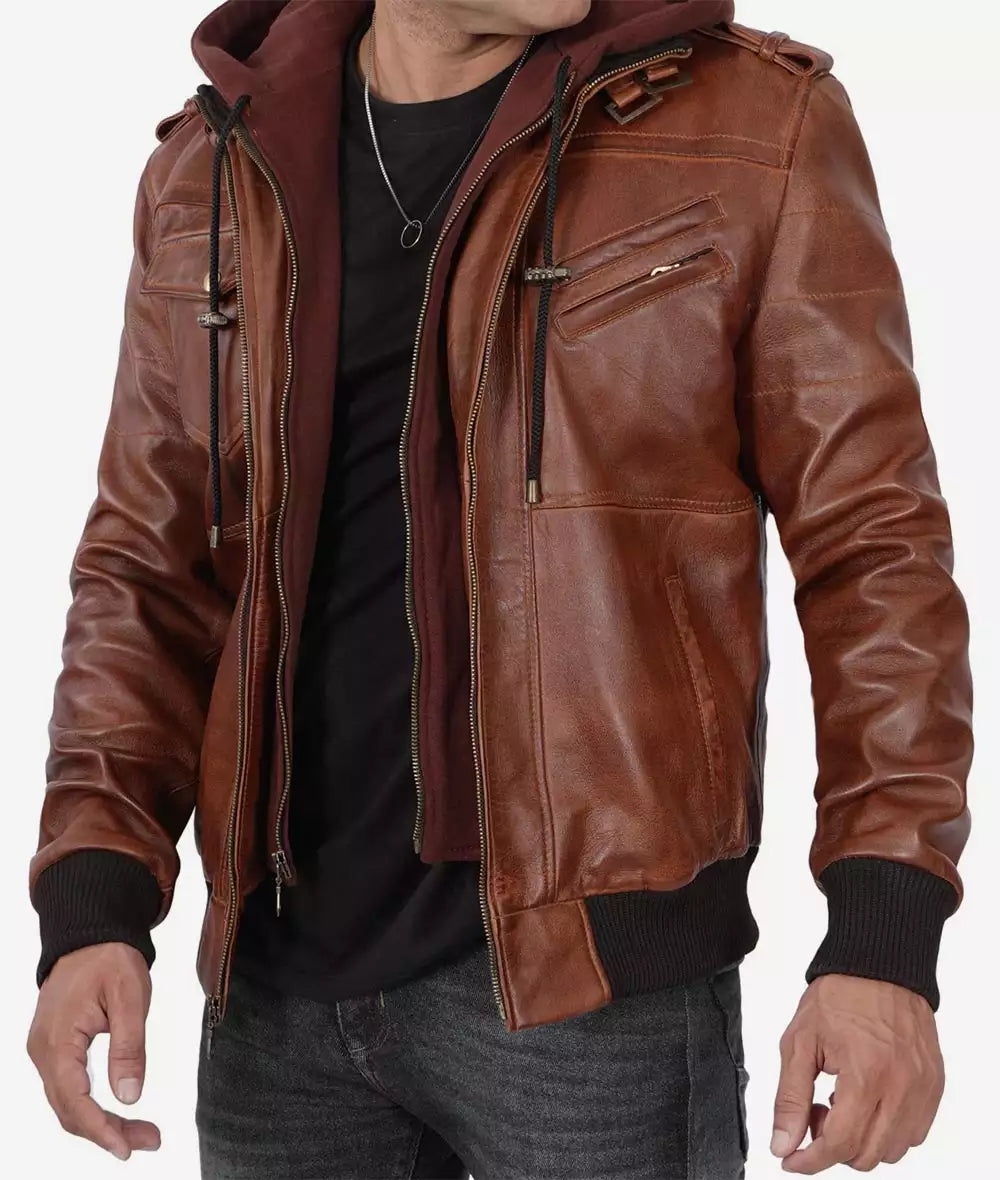Bringo_Mens_Moto_Biker_Racer_Bomber_Removable_Hood_Brown_Lambskin_Leather_Jacket
