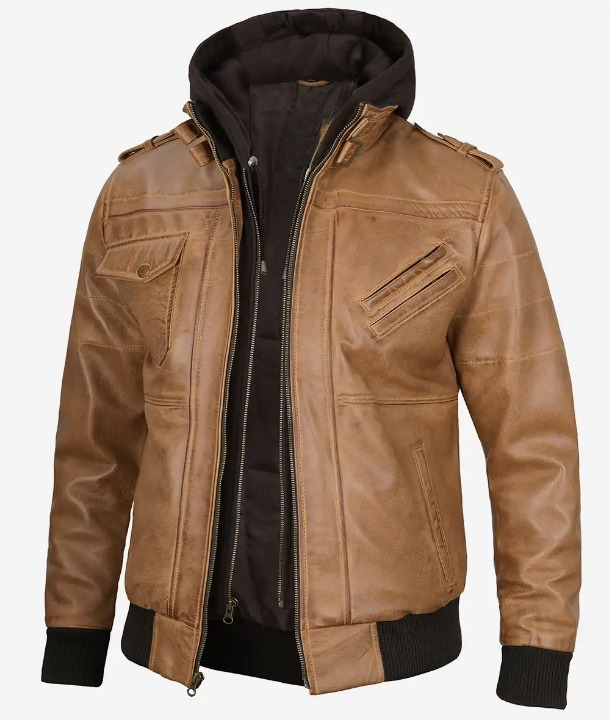 Bringo_Mens_Moto_Biker_Racer_Bomber_Removable_Hood_Camel_Brown_Lambskin_Leather_Jacket