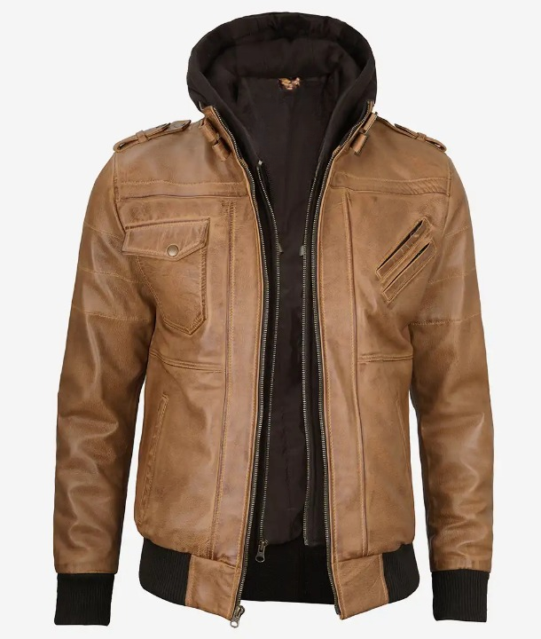 Bringo_Mens_Moto_Biker_Racer_Bomber_Removable_Hood_Camel_Brown_Lambskin_Leather_Jacket