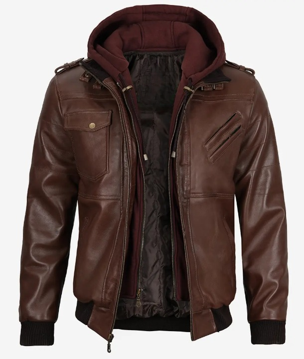 Bringo_Mens_Moto_Biker_Racer_Bomber_Removable_Hood_Dark-Brown_Lambskin_Leather_Jacket