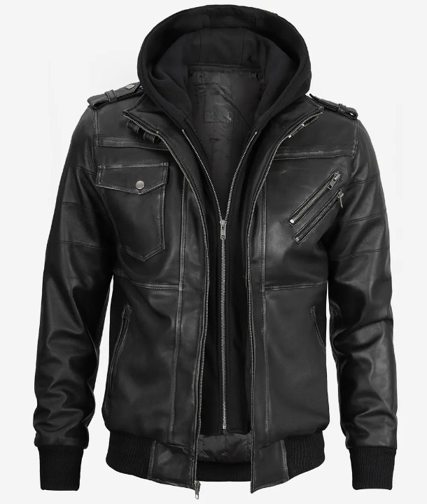 Bringo_Mens_Moto_Biker_Racer_Bomber_Removable_Hood_Grey_Lambskin_Leather_Jacket