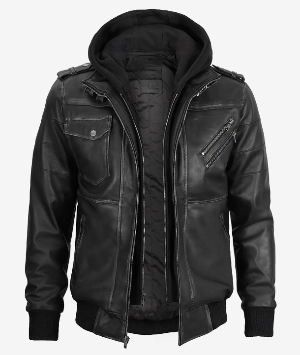Bringo_Mens_Moto_Biker_Racer_Bomber_Removable_Hood_Grey_Lambskin_Leather_Jacket
