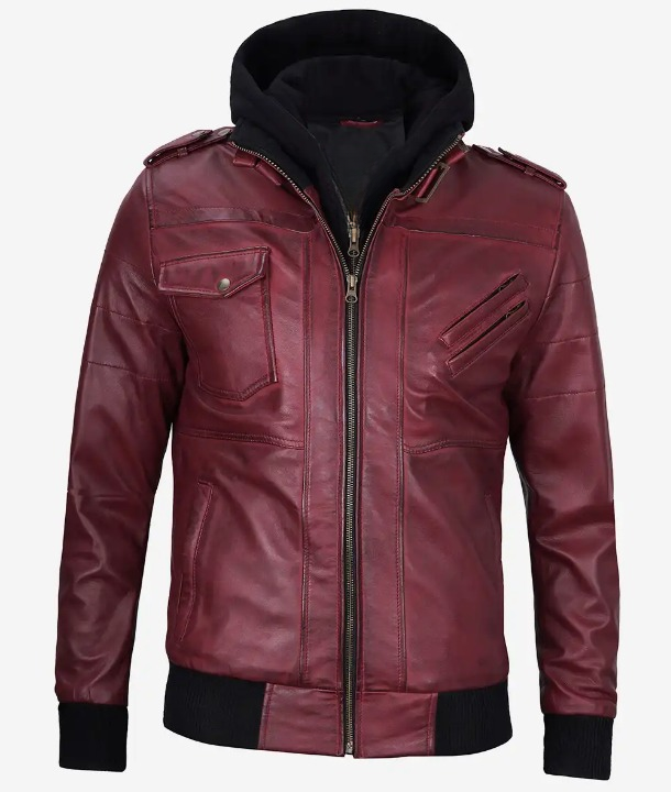 Bringo_Mens_Moto_Biker_Racer_Bomber_Removable_Hood_Maroon_Lambskin_Leather_Jacket