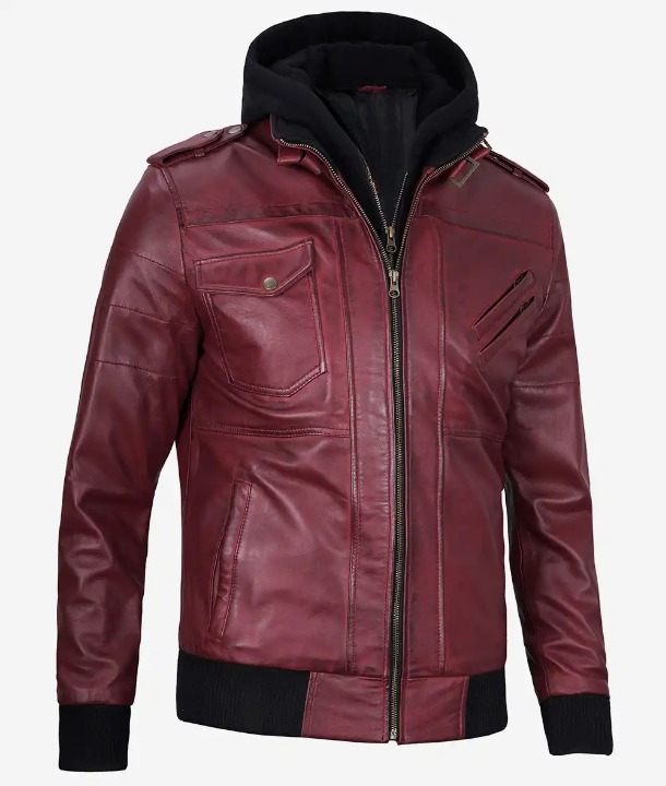 Bringo_Mens_Moto_Biker_Racer_Bomber_Removable_Hood_Maroon_Lambskin_Leather_Jacket