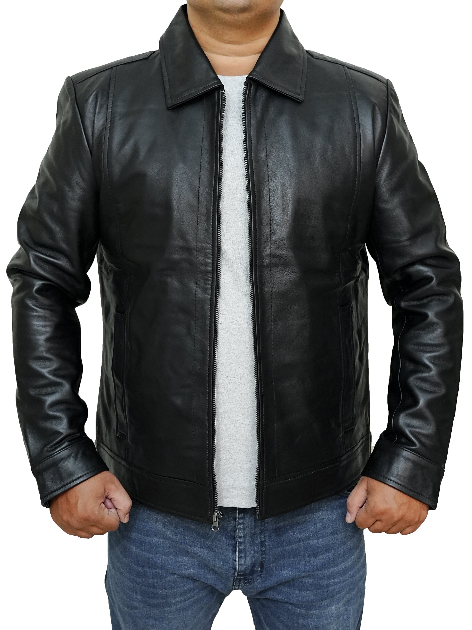 Bringo_Mens_Moto_Biker_Racer_Bomber_Trucker_Black_Lambskin_Leather_Jacket_Metal_Zipper_Button_Shirt_Collar_1