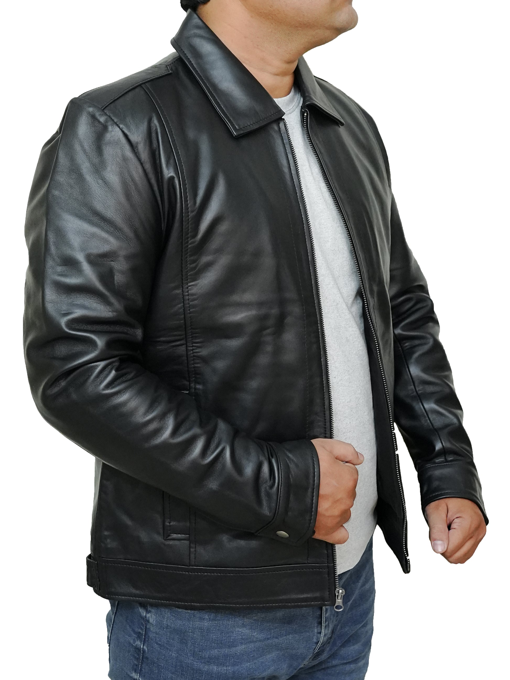 Bringo_Mens_Moto_Biker_Racer_Bomber_Trucker_Black_Lambskin_Leather_Jacket_Metal_Zipper_Button_Shirt_Collar