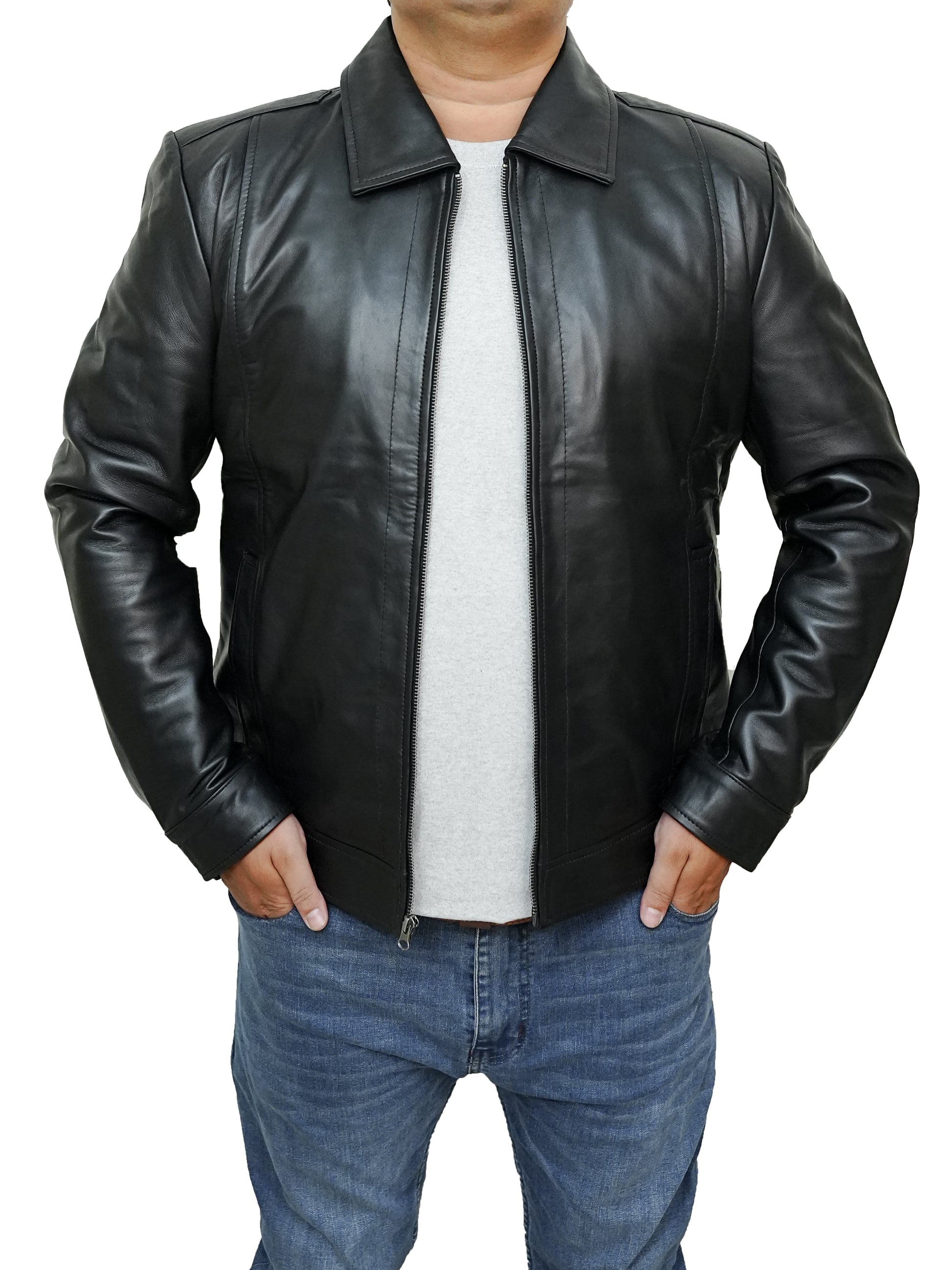 Bringo_Mens_Moto_Biker_Racer_Bomber_Trucker_Black_Lambskin_Leather_Jacket_Metal_Zipper_Button_Shirt_Collar