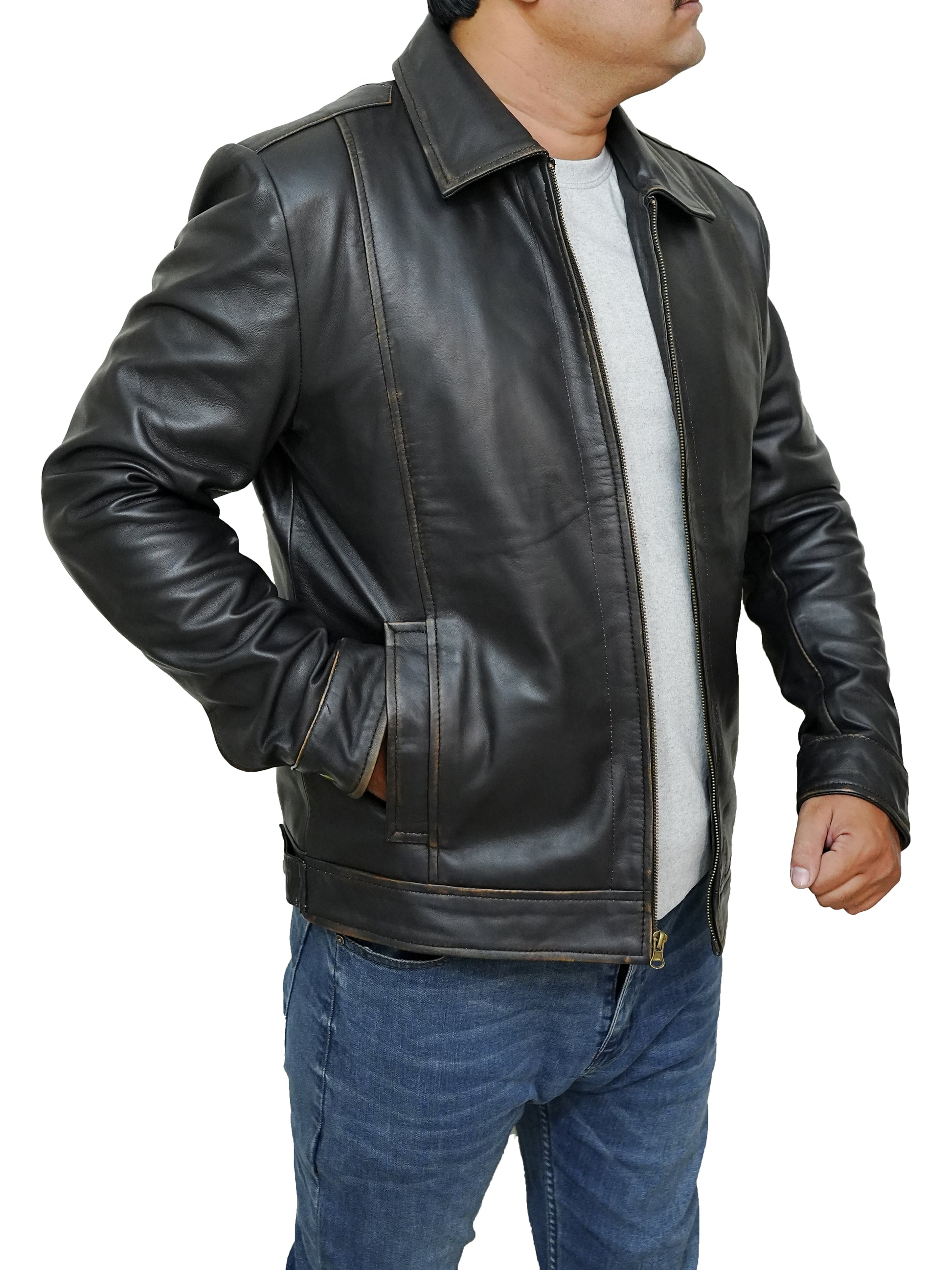 Bringo_Mens_Moto_Biker_Racer_Bomber_Trucker_Vintage_Brown_Lambskin_Leather_Jacket_Metal_Zipper_Button_Shirt_Collar_Waist_Adjuster