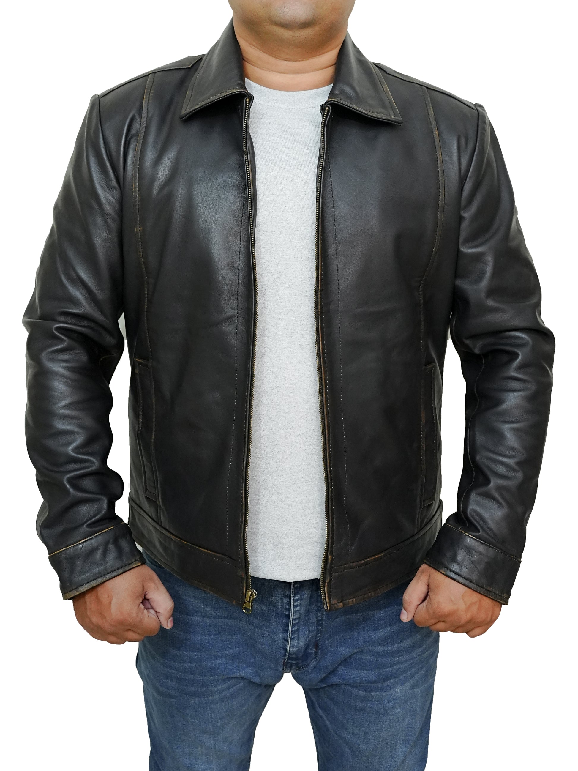 Bringo_Mens_Moto_Biker_Racer_Bomber_Trucker_Vintage_Brown_Lambskin_Leather_Jacket_Metal_Zipper_Button_Shirt_Collar_Waist_Adjuster