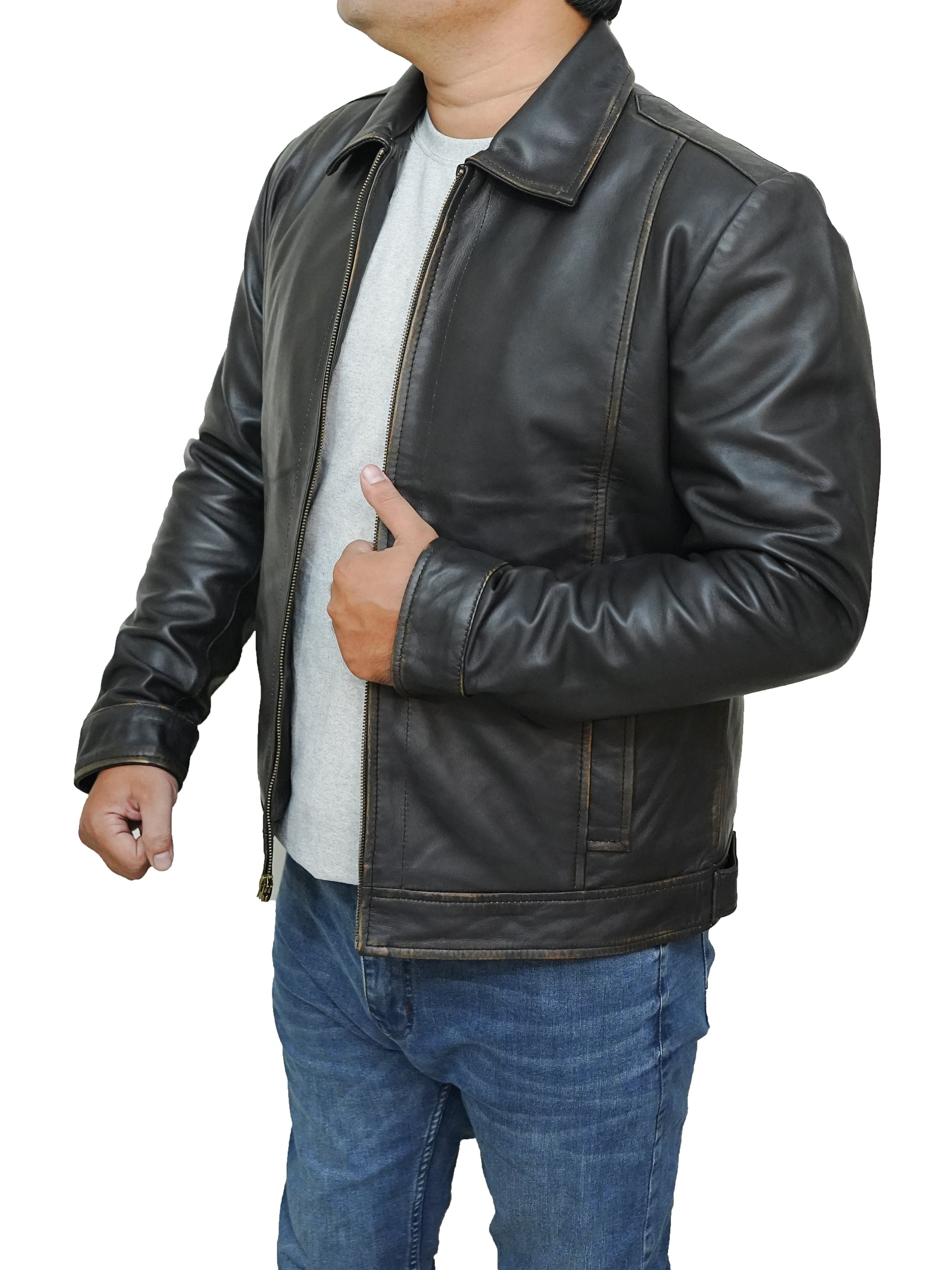 Bringo_Mens_Moto_Biker_Racer_Bomber_Trucker_Vintage_Brown_Lambskin_Leather_Jacket_Metal_Zipper_Button_Shirt_Collar_Waist_Adjuster