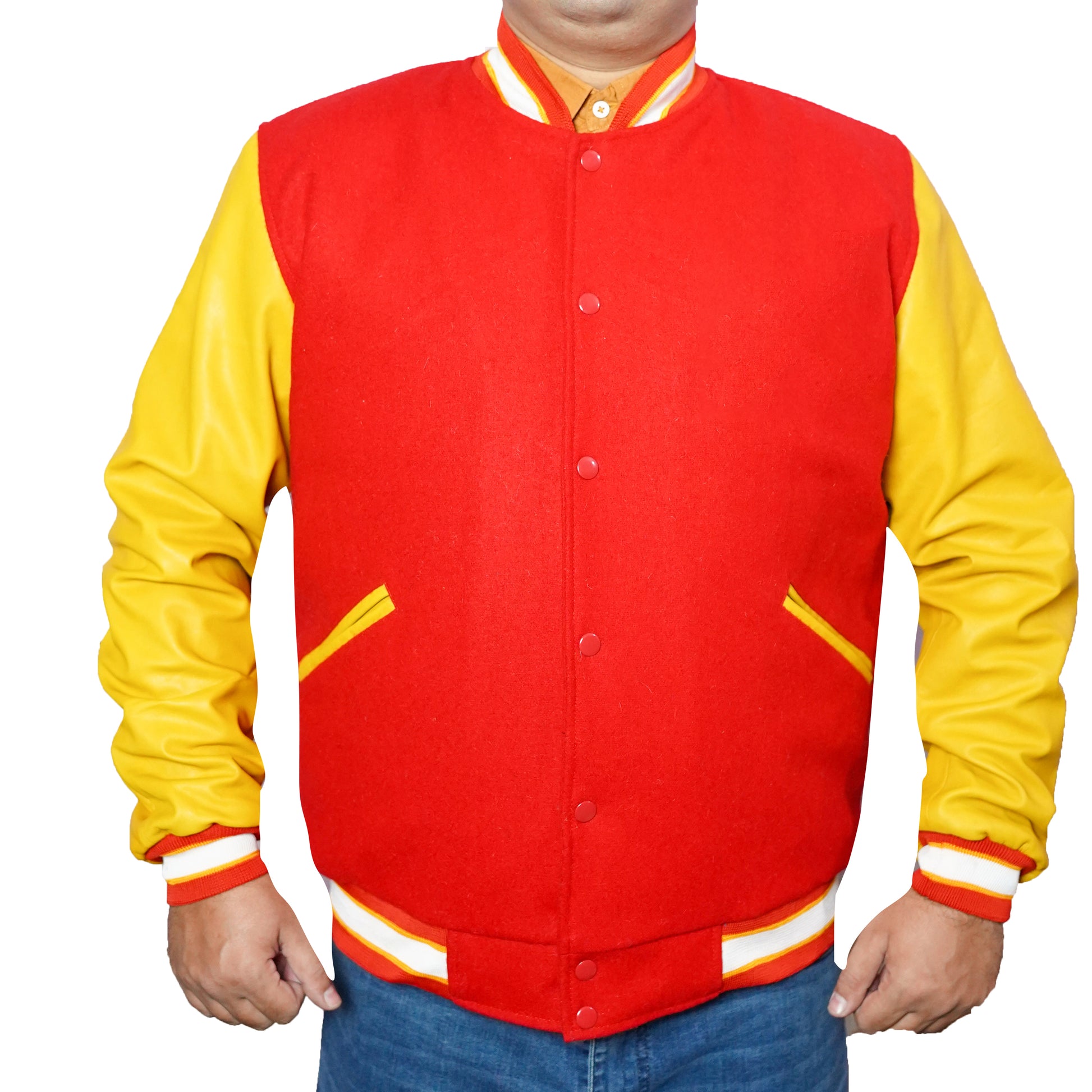 Bringo_Mens_Moto_Biker_Racer_Bomber_Varsity_Letterman_Jacket_Red_Wool_Yellow_Lambskin_Leather_Rib