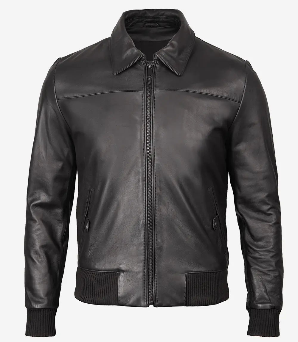 Bringo_Mens_Moto_Biker_Racer_Trcker_Bomber_Black_Lambskin_Leather_Jacket_Shirt_Collar_Metal_Zipper