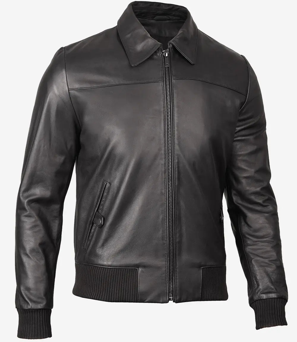 Bringo_Mens_Moto_Biker_Racer_Trcker_Bomber_Black_Lambskin_Leather_Jacket_Shirt_Collar_Metal_Zipper