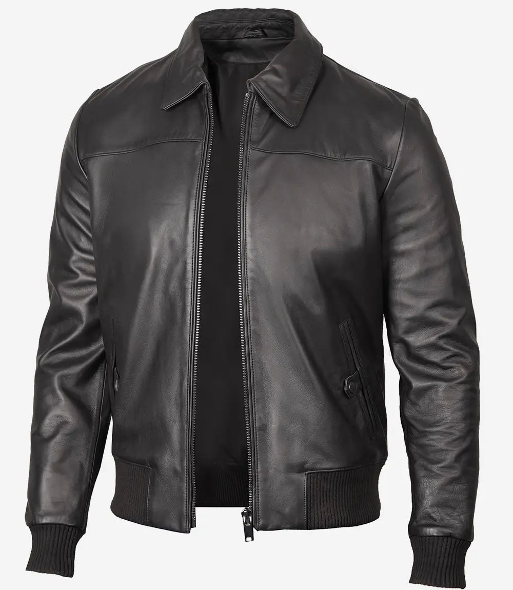 Bringo_Mens_Moto_Biker_Racer_Trcker_Bomber_Black_Lambskin_Leather_Jacket_Shirt_Collar_Metal_Zipper
