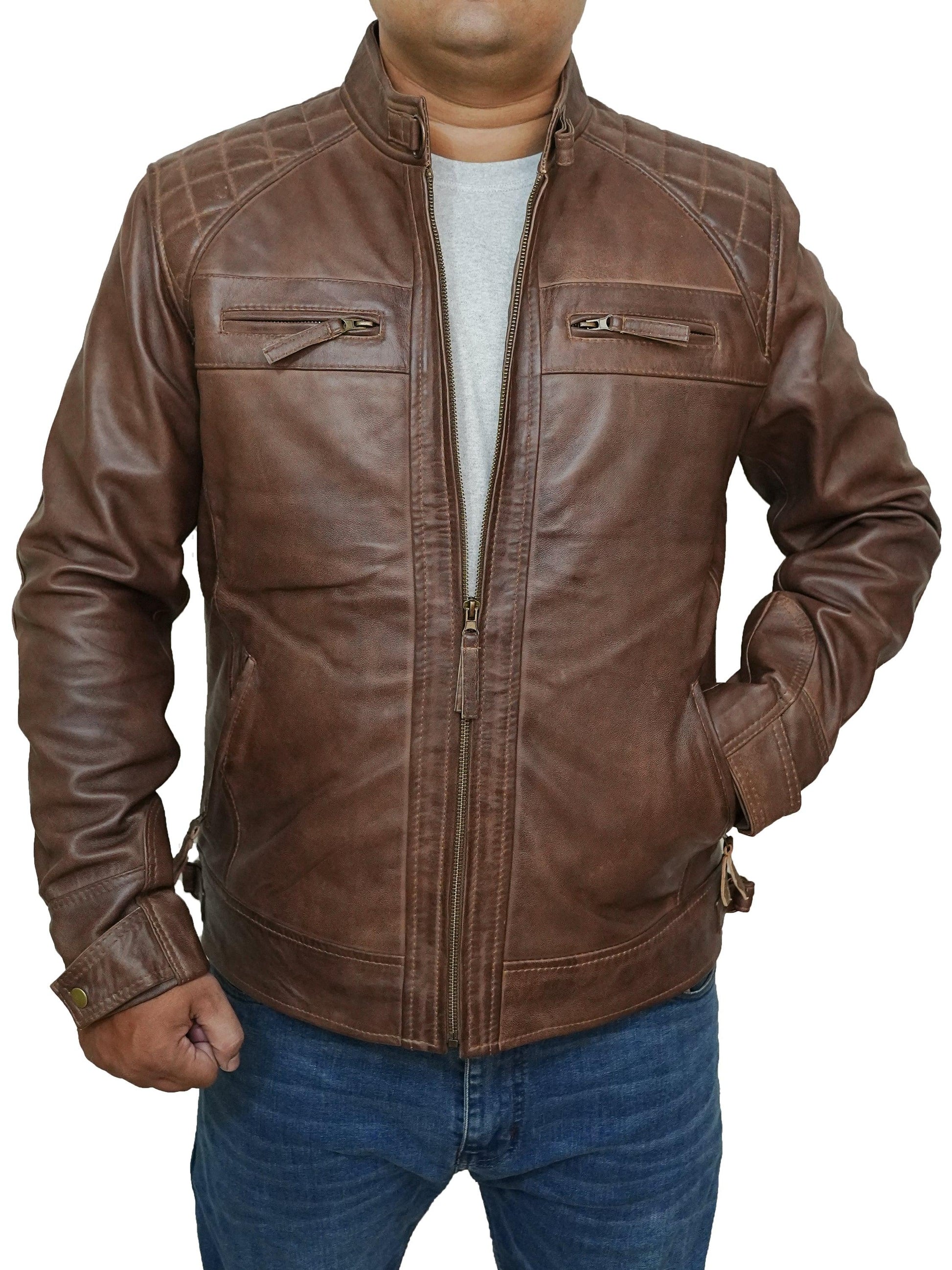 Bringo_Mens_Quilted_Shoulders_Moto_Biker_Cafe_Racer_Metal_Zipper_Strap_Collar_Chocolate_Brown_Lambskin_Leather_Jacket