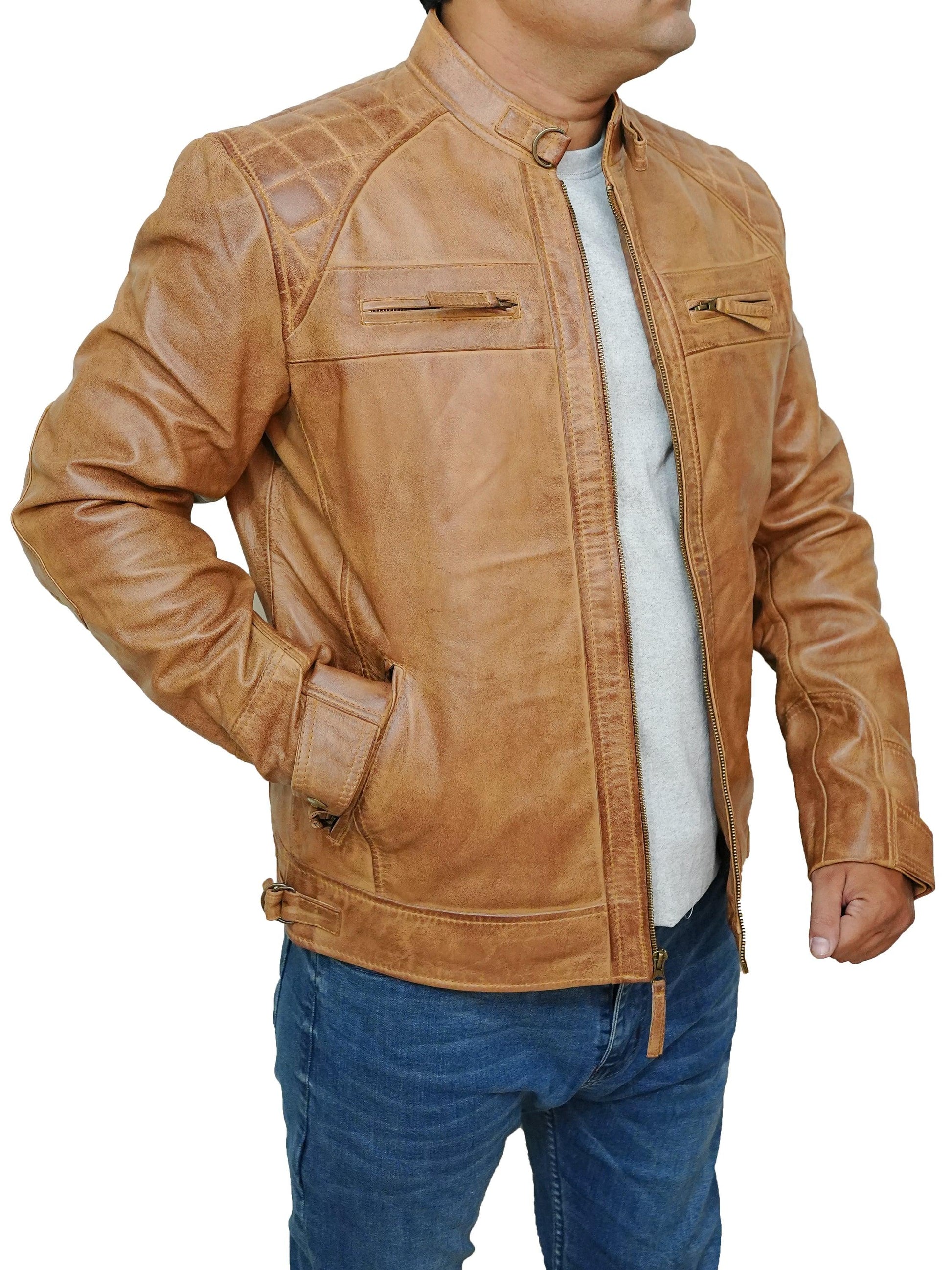 Bringo_Mens_Quilted_Shoulders_Moto_Biker_Cafe_Racer_Metal_Zipper_Strap_Collar_Cognac_Lambskin_Leather_Jacket