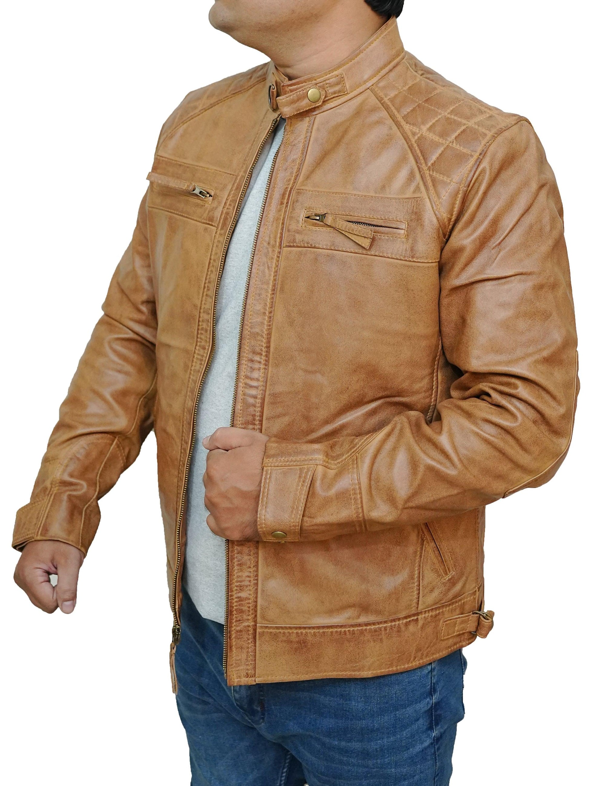 Bringo_Mens_Quilted_Shoulders_Moto_Biker_Cafe_Racer_Metal_Zipper_Strap_Collar_Cognac_Lambskin_Leather_Jacket