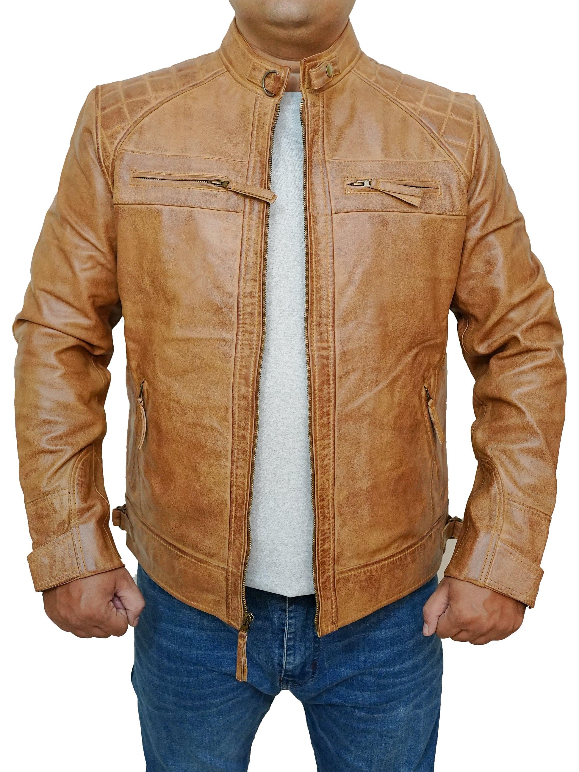 Bringo_Mens_Quilted_Shoulders_Moto_Biker_Cafe_Racer_Metal_Zipper_Strap_Collar_Cognac_Lambskin_Leather_Jacket