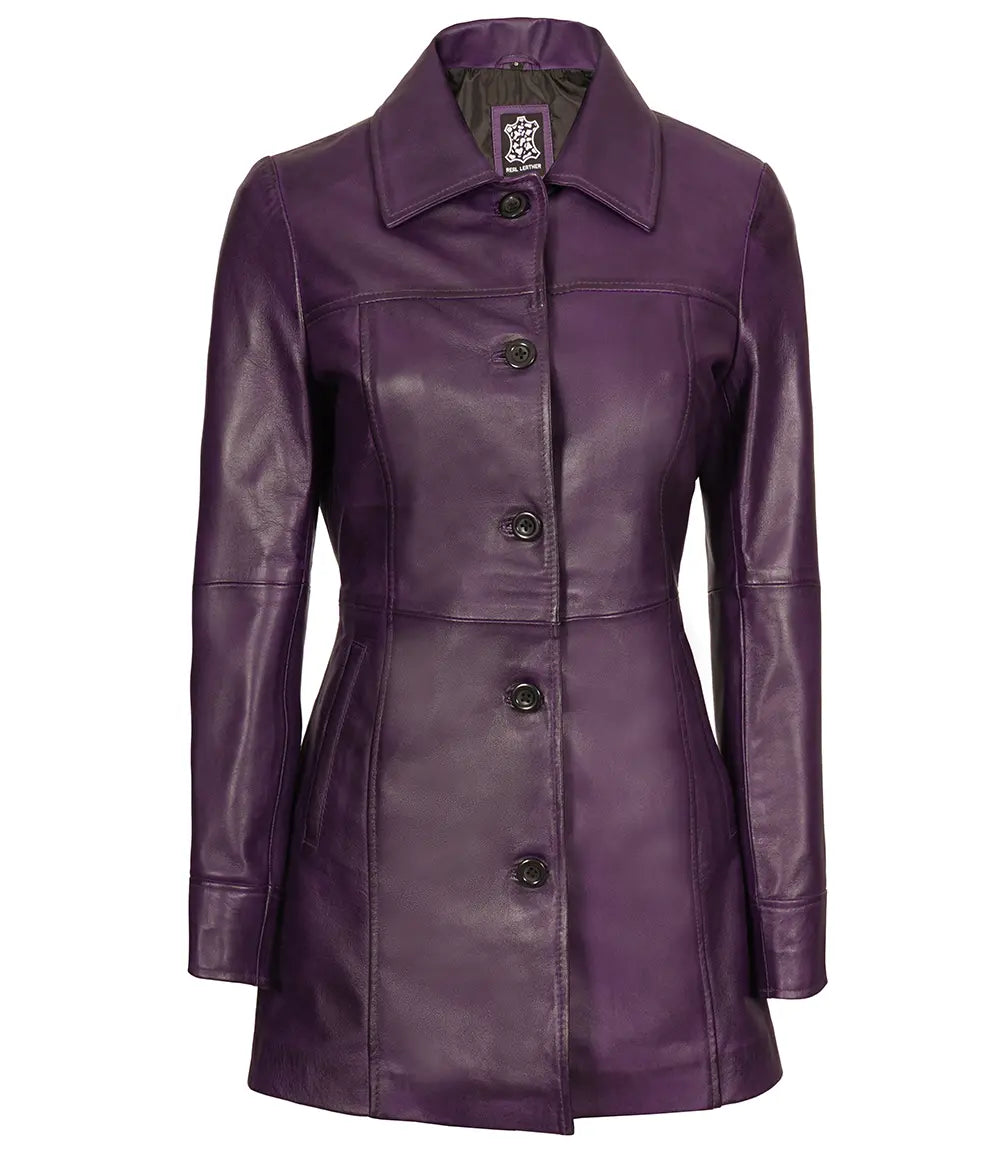 Bringo_Mens_Shirt_Collar_Button_Purple_Lambskin_Leather_Car_Trench_Winter_Long_Coat
