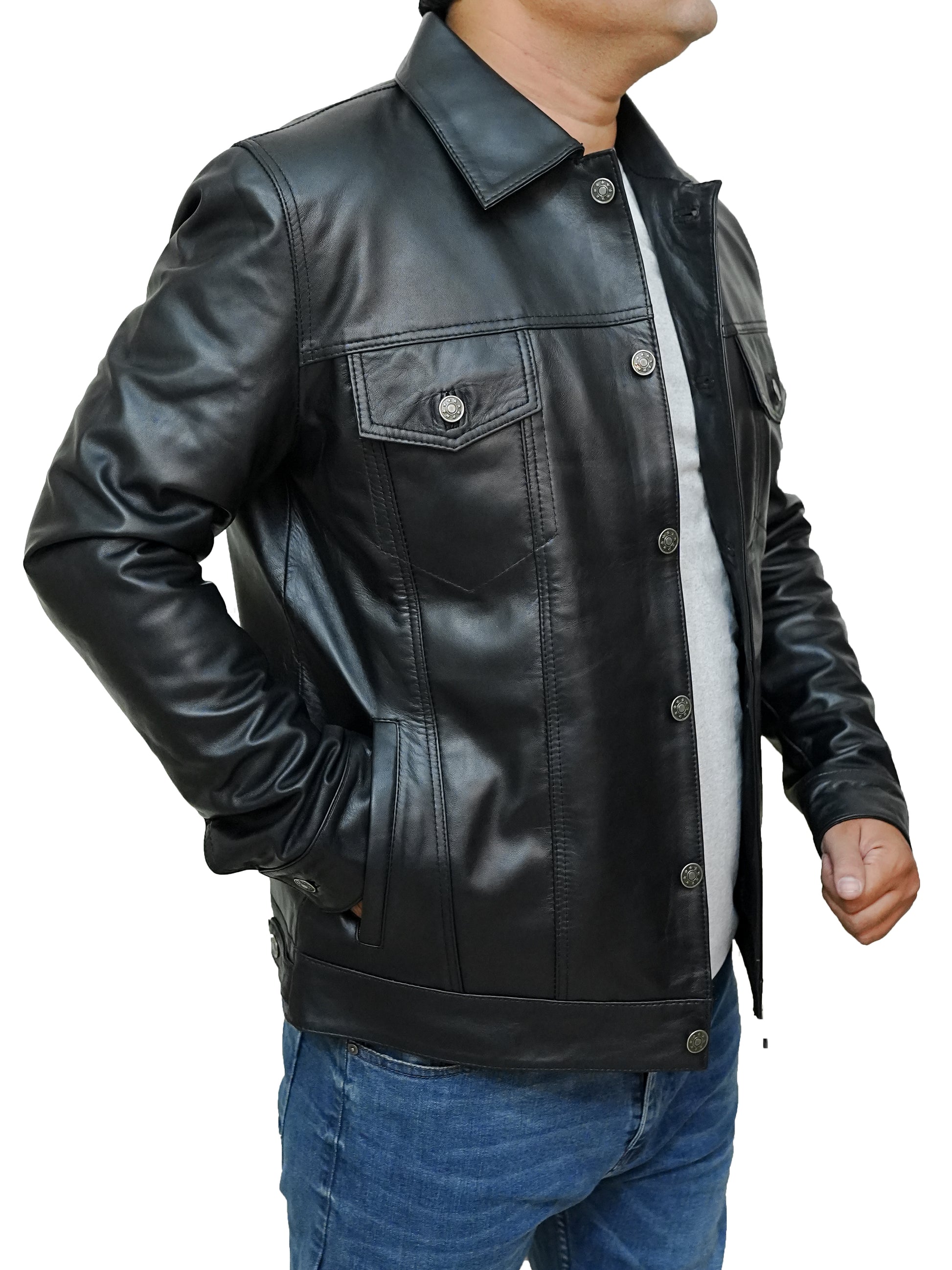 Bringo_Mens_Shirt_Collar_Mot_Biker_Racer_Bomber_Trucker_Button_Black_Lambskin_Leather_Jacket