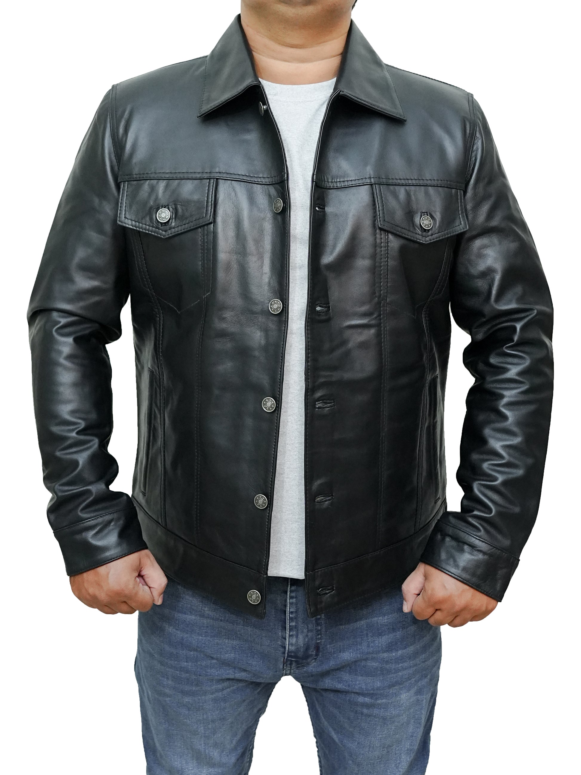 Bringo_Mens_Shirt_Collar_Mot_Biker_Racer_Bomber_Trucker_Button_Black_Lambskin_Leather_Jacket