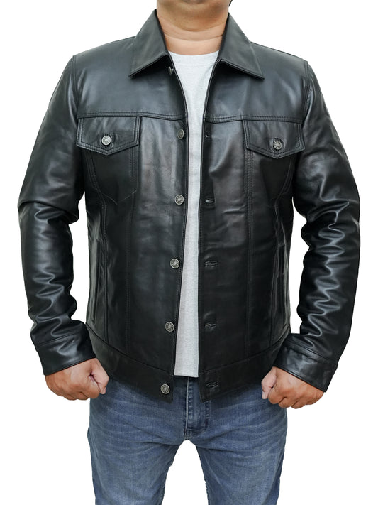 Bringo_Mens_Shirt_Collar_Mot_Biker_Racer_Bomber_Trucker_Button_Black_Lambskin_Leather_Jacket