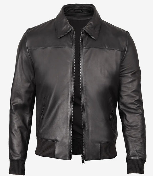 Bringo_Mens_Shirt_Collar_Moto__Biker_Bomber_Racer_Metal_Zipper_Black_Lambskin_Leather_Jacket